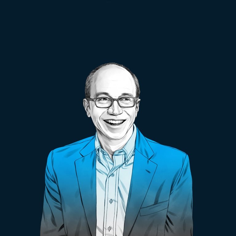 A hand-drawn illustration of Alan Murray, smiling and wearing glasses, a suit jacket, and a collared shirt. The drawing features precise lines and subtle shading, using black and white tones for his face and blues for his attire.